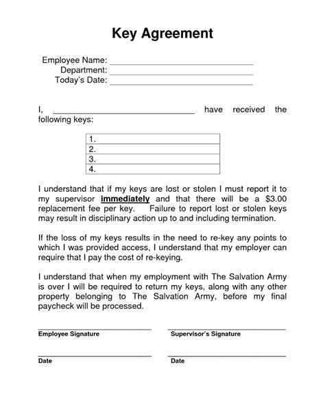 Employee Key Holder Agreement Template Contract Template Letter