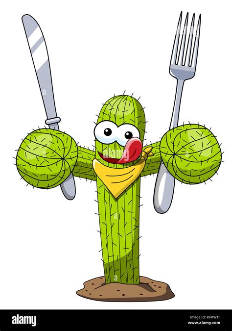 Cactus Cartoon Funny Character Vector Hungry Eating Fork Knife Isolated