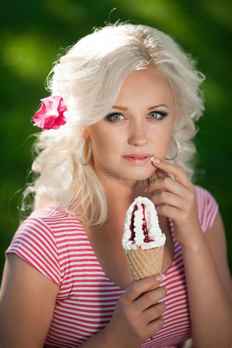 Beautiful Woman With Ice Cream Outdoors Girl Eating Icecrea In Park