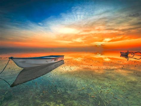 Indonesia Landscape Sunset Beach Lake Boat Orange Sky
