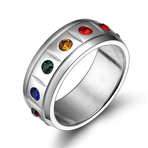 Rainbow Gay Pride Jewelry Stainless Steel Rhinestone Wedding Rings For Women And Men Lgbt Lovers