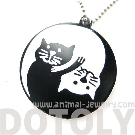 Yin Yang Kitty Cat Animal Themed Round Pendant Necklace In Black White