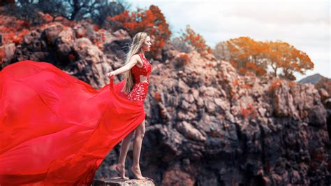 Women Model Blonde Long Hair Women Outdoors Rock Red Dress Trees