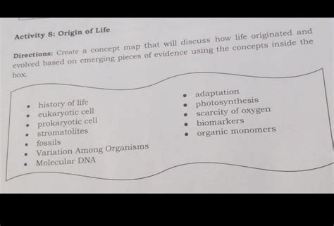 Activity 8 Origin Of Life Directions Create A Concept Map That Will
