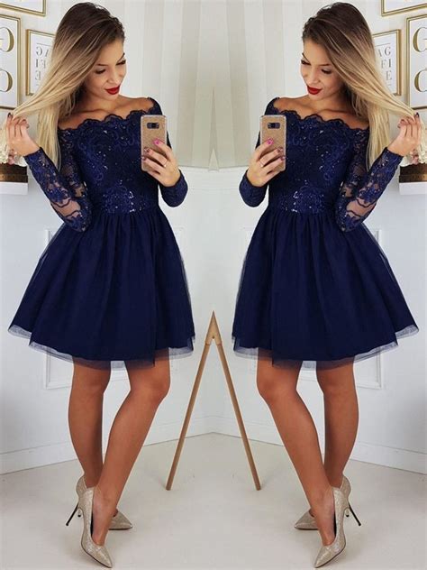 Off The Shoulder Long Sleeves Lace Navy Blue Short Prom Dresses Homeco