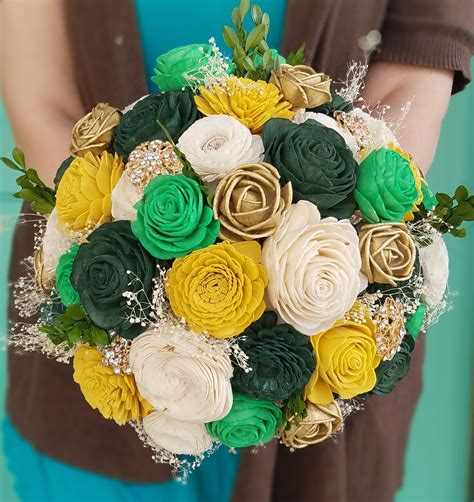 Yellow Green And Gold Bridal Bouquet Sola Wood Flower Etsy Sola
