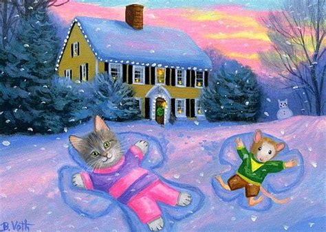 Kitten Cat Mouse Making Snow Angels Christmas House Original Aceo