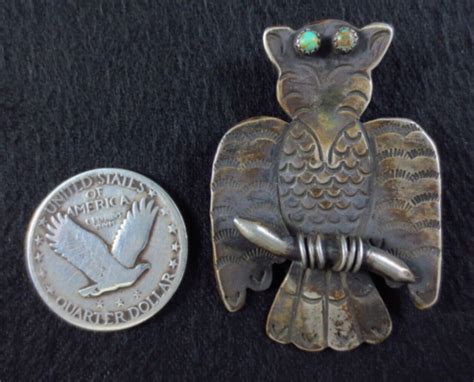 Vintage Navajo Manta Pin Coin Silver And Turquoise Owl Ebay