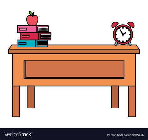 Teacher School Desk With Books And Alarm Clock Vector Image