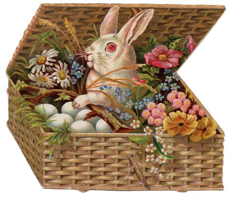 Vintage Easter Clip Art Of Bunny In Basket The Graphics Fairy