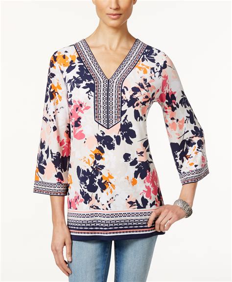 Jm Collection Embellished Printed V Neck Tunic Top Only At Macys