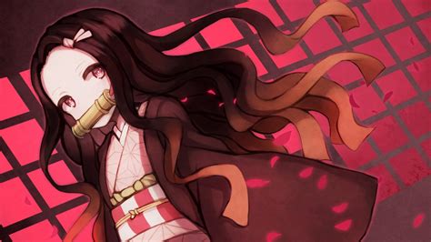 Demon Slayer Nezuko Kamado With Long Hair With Background Of Red And