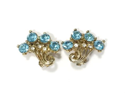 Vintage Blue Rhinestone Earrings Clip On Light Blue And Etsy In