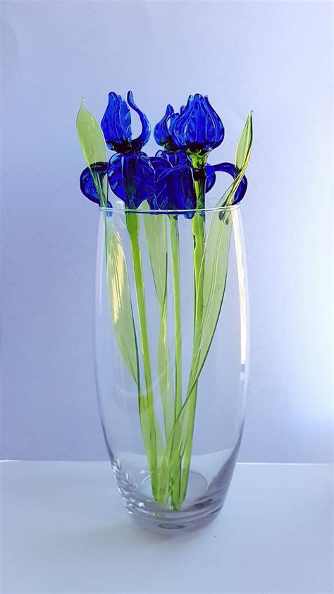 Glass Blue Irises Hand Blown Glass Iris Flowers And Leaf Etsy