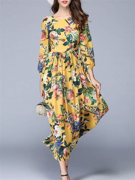 Shop Maxi Dresses Yellow Long Sleeve Floral Swing Folds Maxi Dress Online Discover Unique