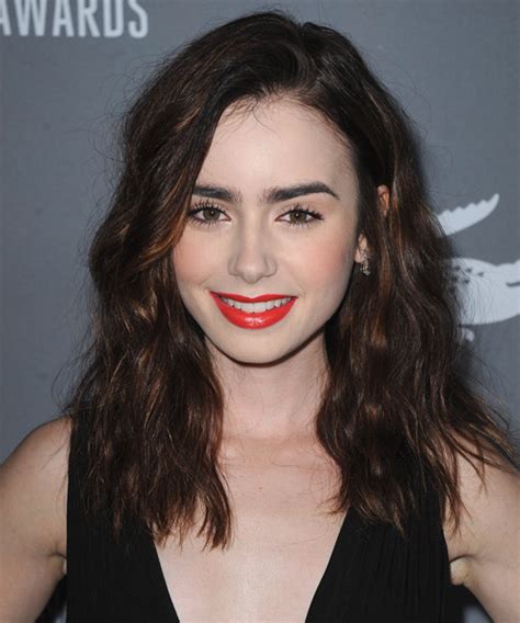 Lily Collins Long Wavy Dark Brunette Hairstyle