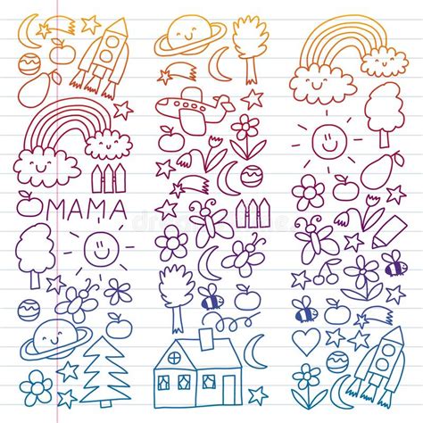 Children Drawing Colorful Vector Pattern With Toys Space Planet