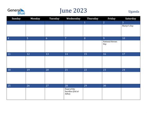Uganda June 2023 Calendar With Holidays
