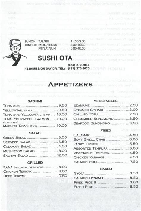 Sushi Ota Menu 4529 Mission Bay Drive San Diego California