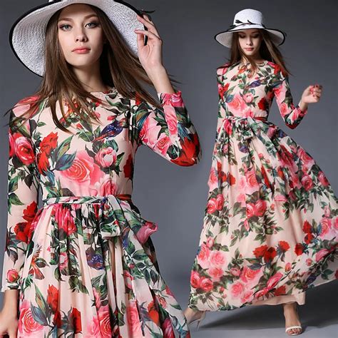 Floral Maxi Dress Long Sleeve Printed Chiffon Dress Bohemian Beach Long Dress Women Summer Dress