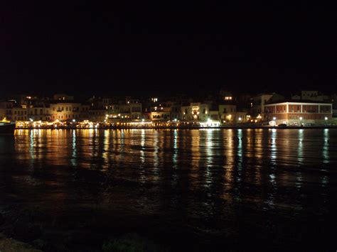 Crete Greece Chania Harbour At Night