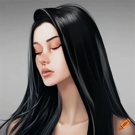 Beautiful Woman With Long Black Hair And Closed Eyes