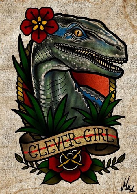 Velociraptor Blue Jurassic Park Tattoo Flash Art Print In 2020