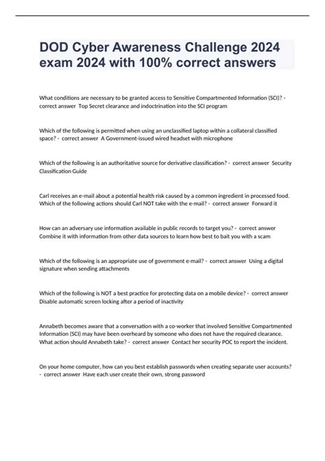 DOD Cyber Awareness Challenge 2024 exam 2024 with 100% correct answers