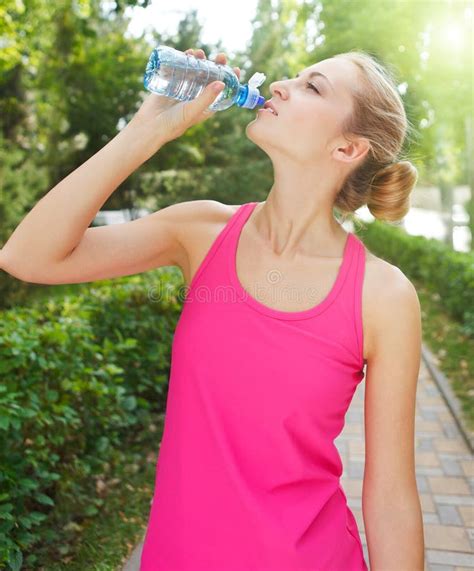 Young Woman Drinking Water After Fitness Stock Photo Image Of Drop