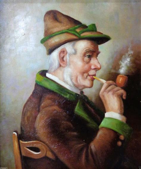 Oil Painting Old Man Smoking Pipe W Gold Ornate Antique Wood Frame