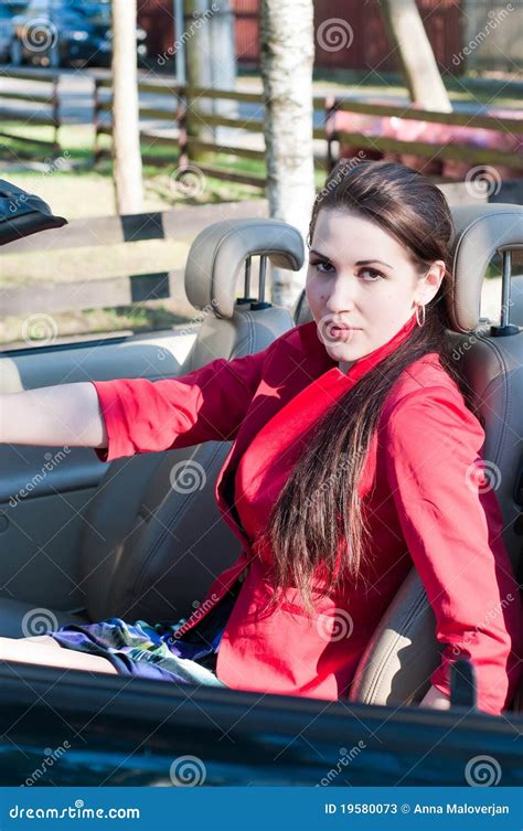 Beautiful Brunette Woman In Car Stock Image Image Of Vehicle Cheerful
