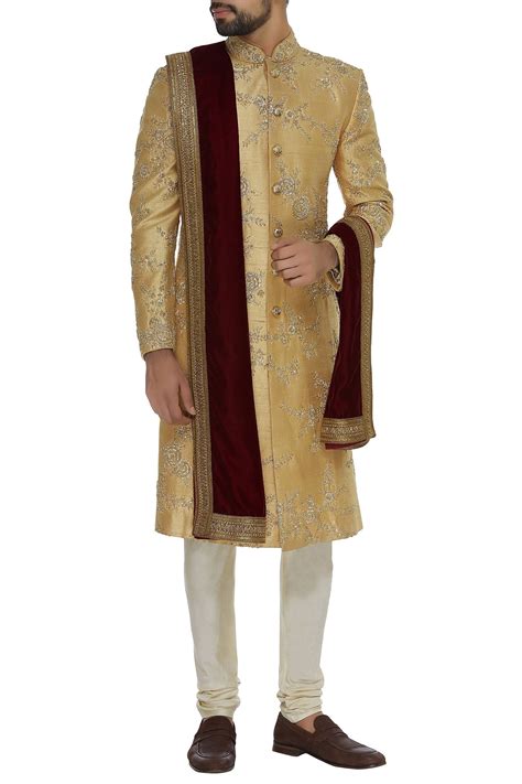 Buy Gold Raw Silk Embroidered Beads Sherwani With Velvet Stole For Men