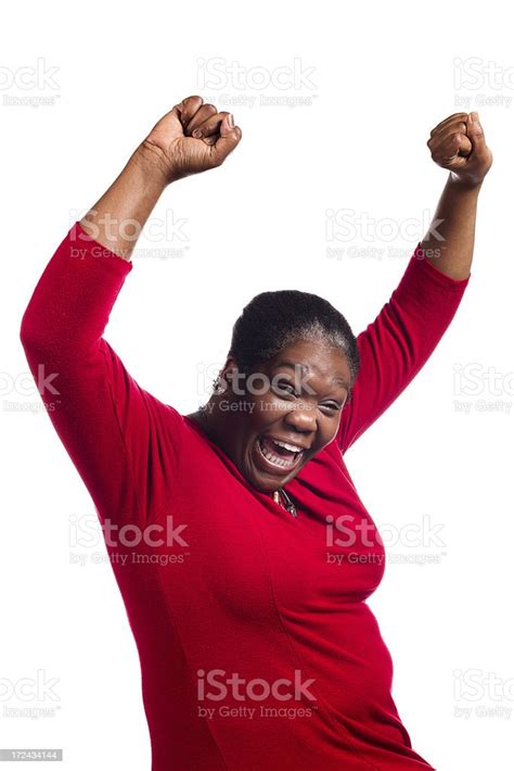 Mature Black Woman Hollers In Victory Arms Up Stock Photo Download