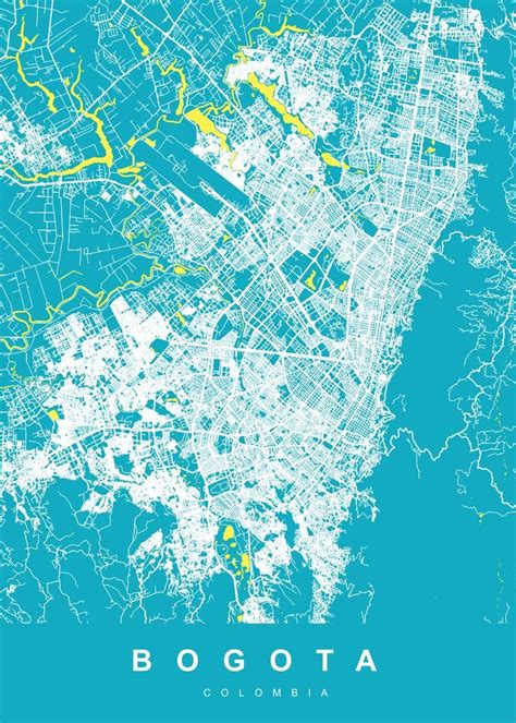 A Blue And Yellow Map Of The City Of Bogota Colombia On A White Background