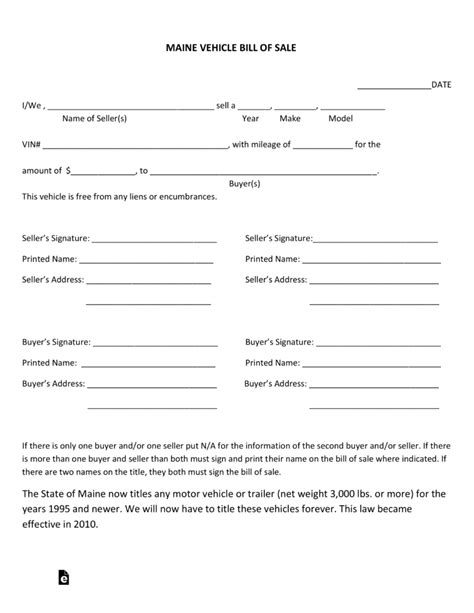 Free Maine Motor Vehicle Bill Of Sale Form Pdf Eforms Free