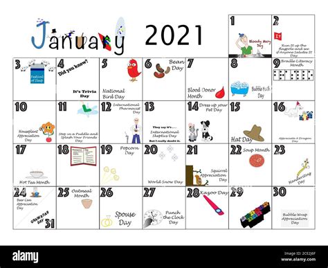 January Monthly Calendar Illustrated And Annotated With Daily Quirky
