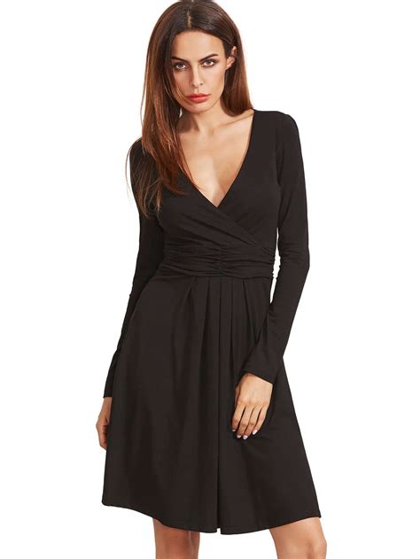 Black V Neck Long Sleeve Ruched Dress Shein Sheinside