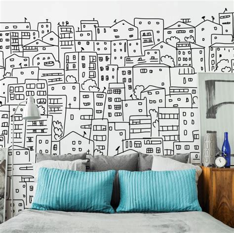 Black And White City Sketch Mural In 2023 White Wall Stickers Black