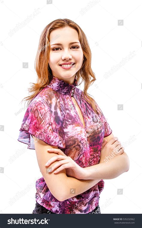 Beautiful Girl Motley Dress Smiles Isolated Stock Photo