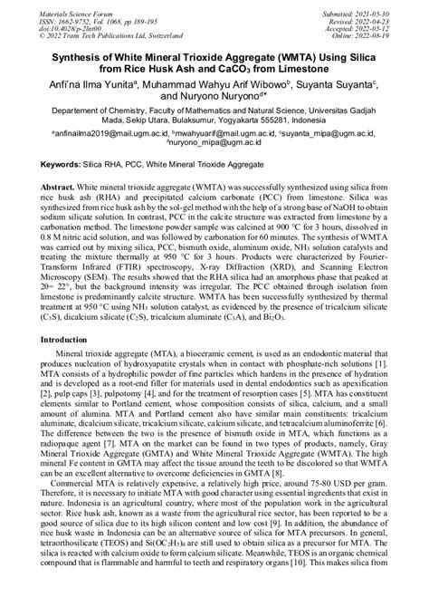 Synthesis Of White Mineral Trioxide Aggregate Wmta Using Silica From