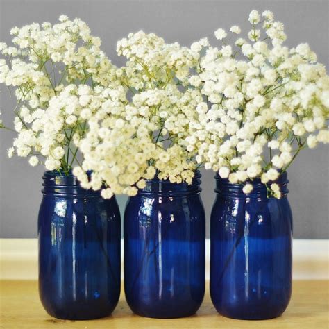 Set Of Three Cobalt Blue Mason Jar Vases Hand Painted By Litdecor
