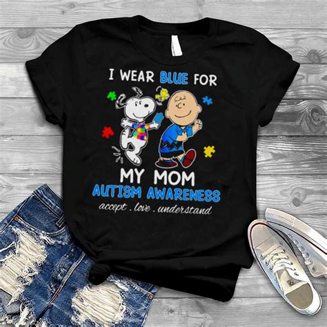 snoopy woodstock and charlie brown i wear blue for my mom autism awareness accept love