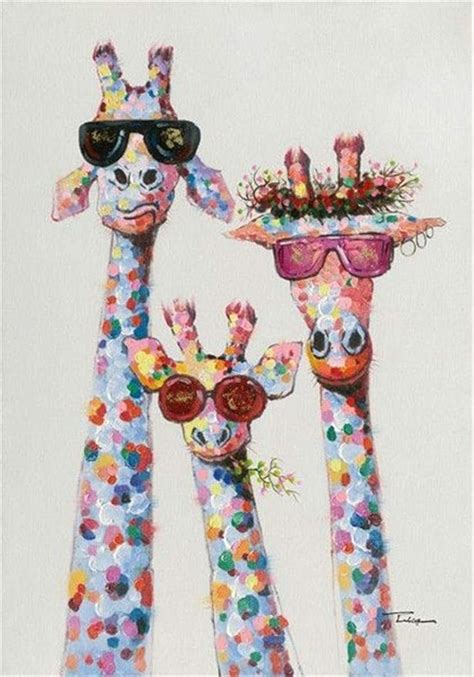Amazon de Leinwandbild Motiv bunte Öl Tiere Giraffe Familie mit Brille Gemälde