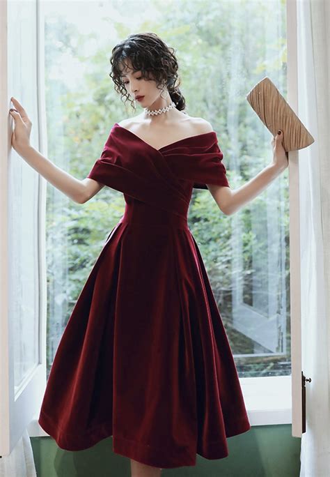 beautiful wine red velvet tea length party dress burgundy prom dresses off the shoulder