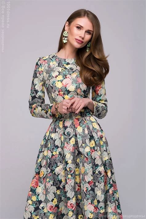 Dm00446bl Dress Midi Length With Floral Print And Long Sleeves