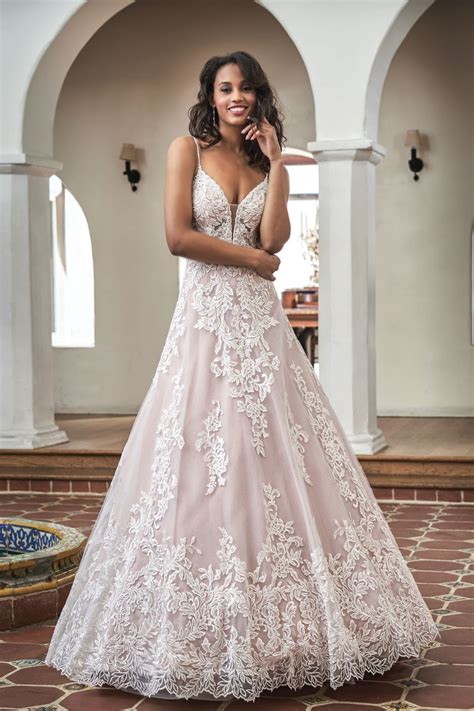 T212060 Romantic Embroidered Lace A Line Wedding Dress With V Neckline