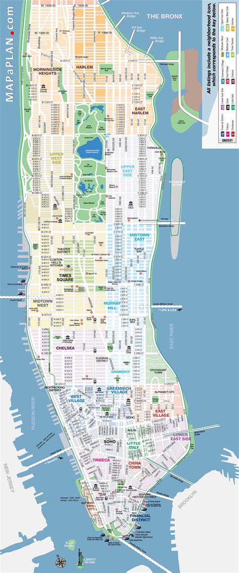 New York Top Tourist Attractions Map Manhattan Streets And Avenues