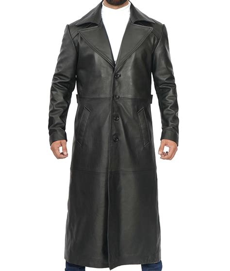 Mens Real Leather Black Trench Coat Full Length Duster Coat