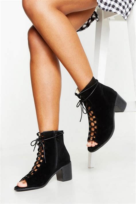 lace up peep toe block heel shoe boots boohoo uk