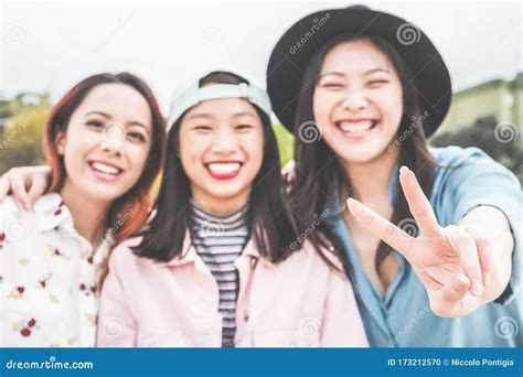 Asian Young Women Friends Having Fun Outdoor Happy Trendy Girls Laughing Together Millennial